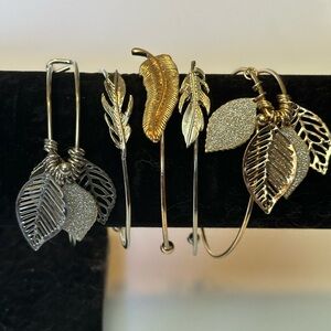 Gold and Silver Leaf Bangle Bracelet Set - Women Jewelry Lot of 5